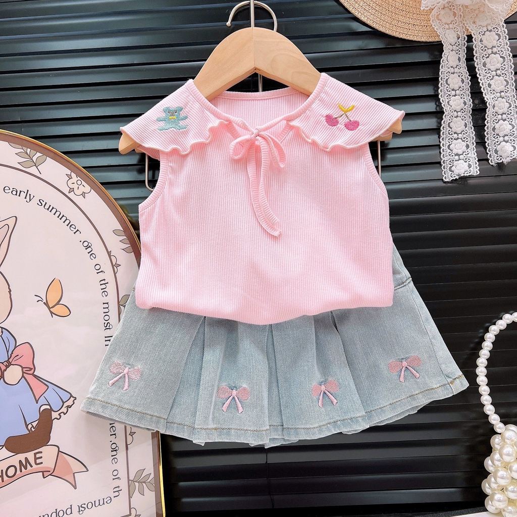 [363846] - One Set 2in1 Setelan Baju Atasan Blouse Lengan Kutung Bawahan Rok Mini Plisket Denim Fash