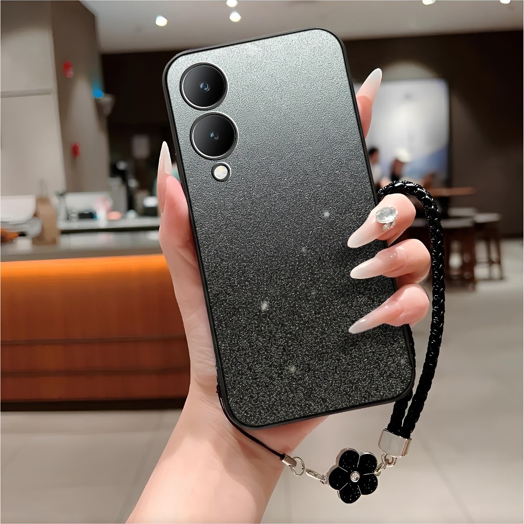 Soft Case Vivo Y17s Casing Luxury Silikon Glitter Free Tali Lanyard Bunga Handphone