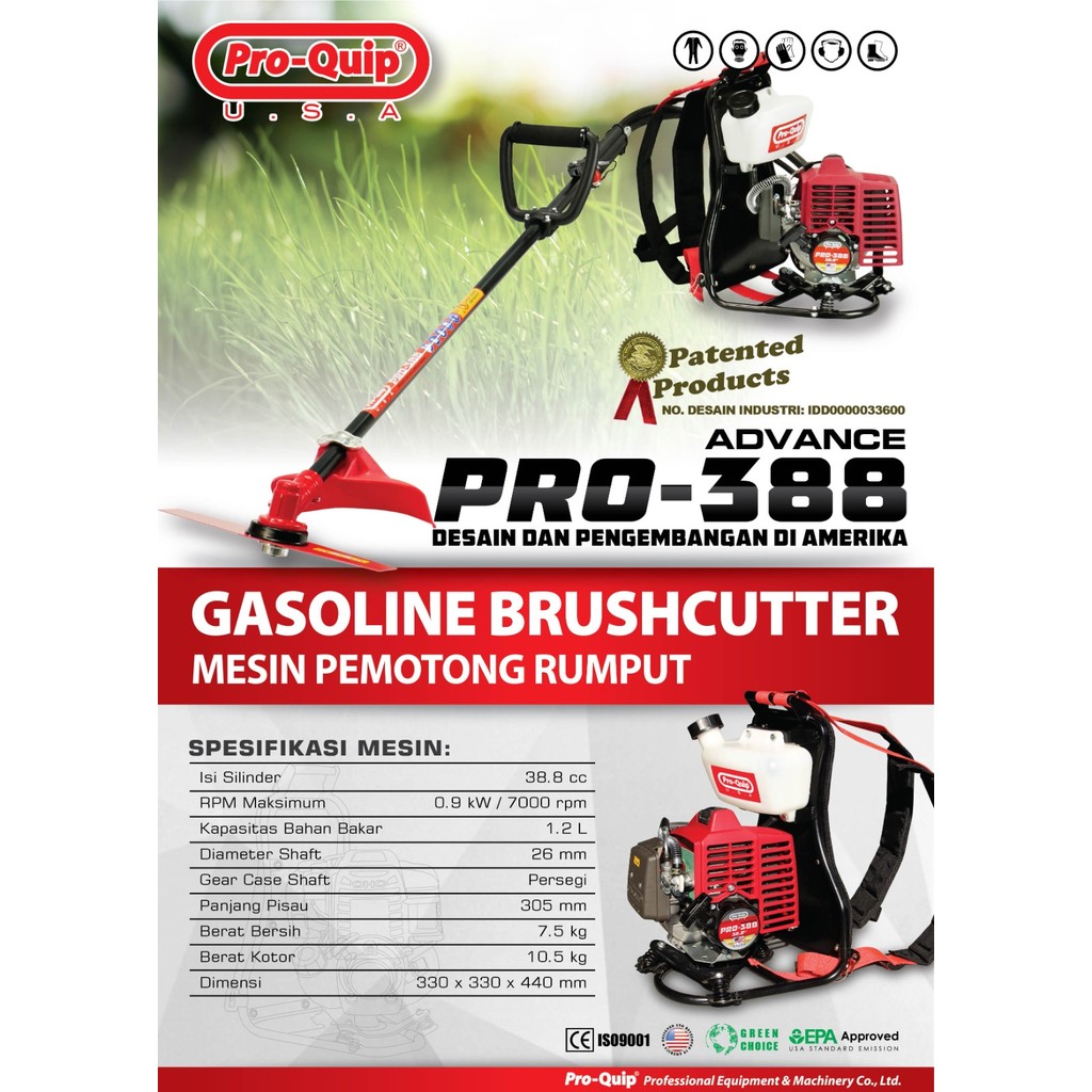 Pro-Quip Mesin Potong Rumput Gendong PRO-388 38.8cc Gasoline Brushcutter PRO388 Tenaga Besar & Shaft