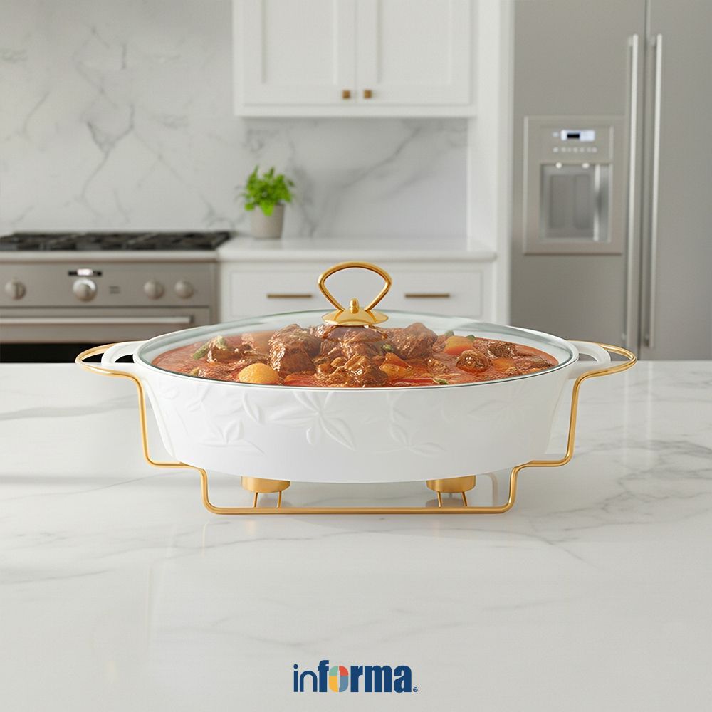 Informa Appetite 38 cm Lily Wadah Saji Casserole Porcelain Oval Dengan Tutup & Rak - Putih