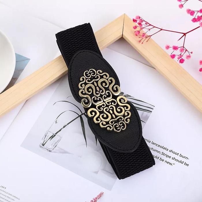 Ikat Pinggang Wanita Sabuk Belt Elastis Obi Fashion CINESSD Gold Hitam Karet - Gold
