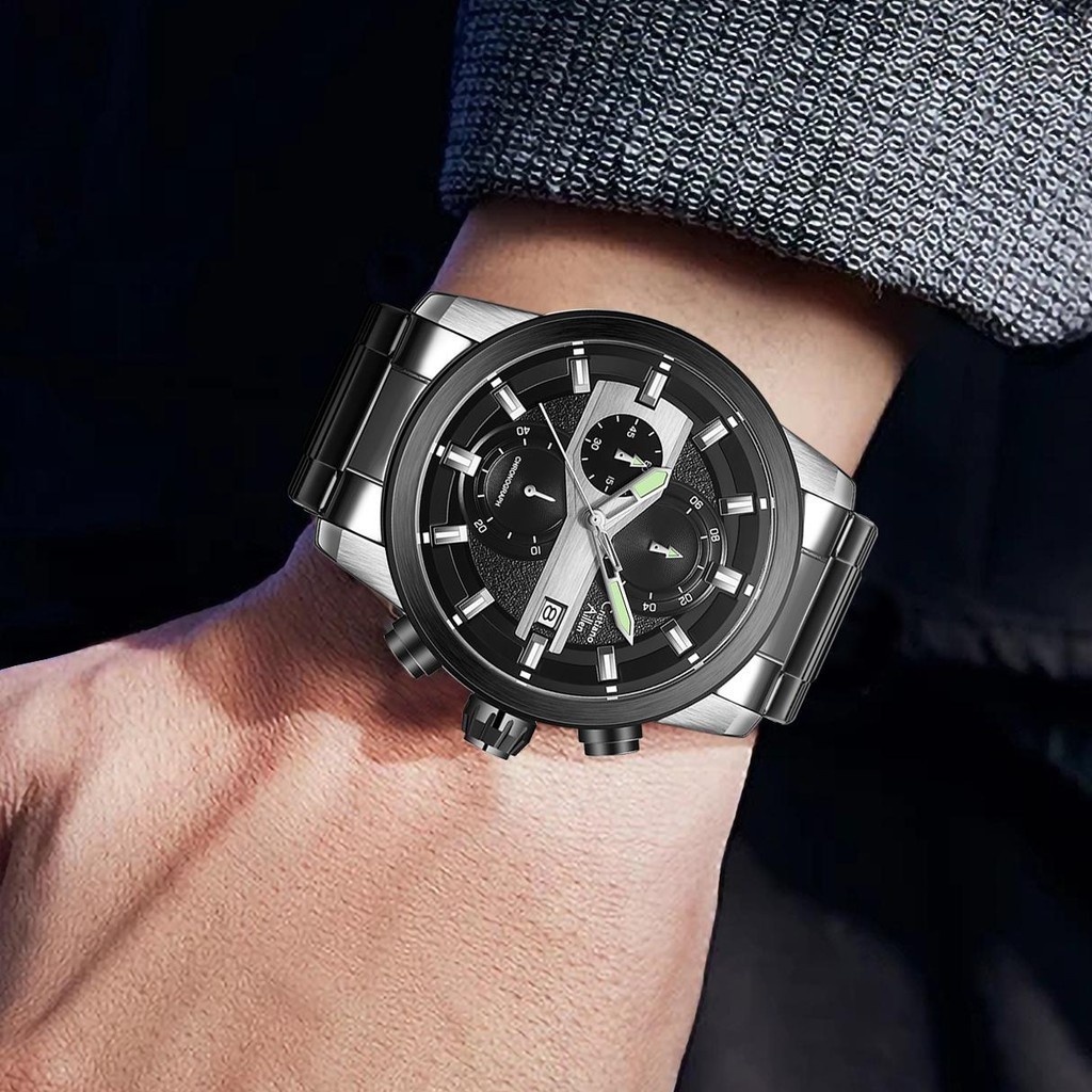 Cristiano Aillen Jam Tangan Pria Analog 8889 Rantai Stainless Steel Chronograph Kaca Sapphire Water