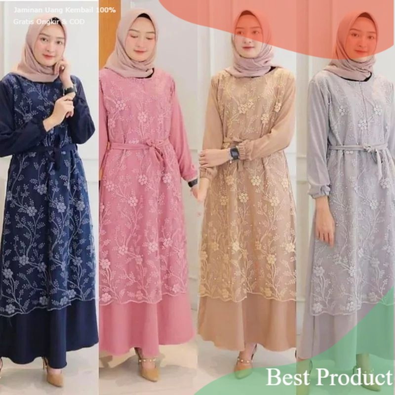 GAMIS BURKAT TILE MUTIARA PREMIUM BAJU GAMIS KEKINIAN DRES/LONGDRES LENGAN KARET- pakaian wanita lai