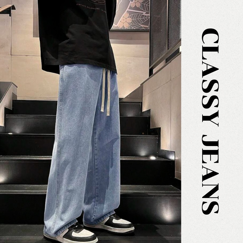 Celana jeans pria pinggang karet korean style loose pants kulot jeans biru muda oversize Jumbo Tali 