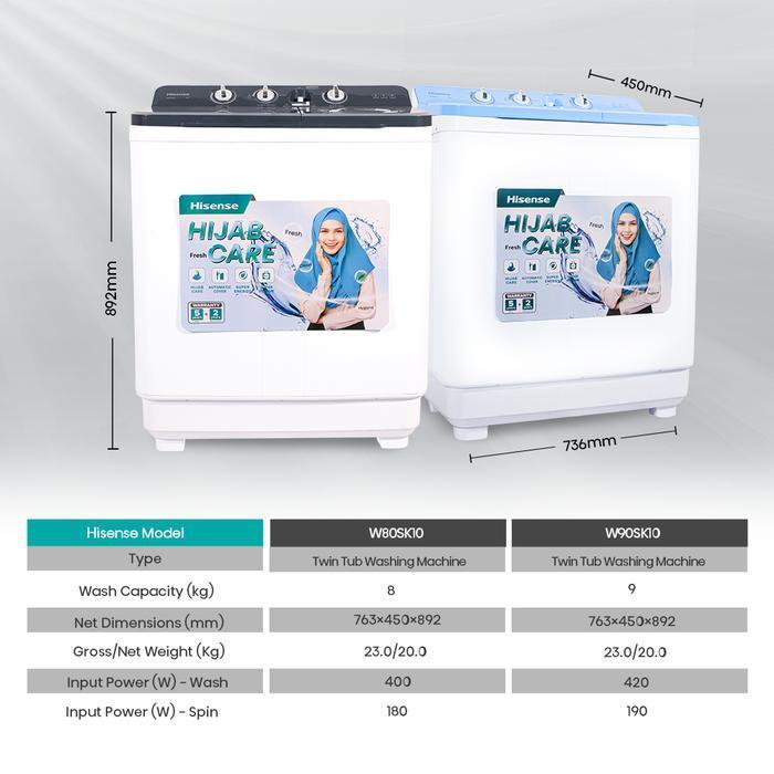 MESIN CUCI HISENSE 2 TABUNG WS 80K10 8 KG 400 WATT - WS 80K10 GREY