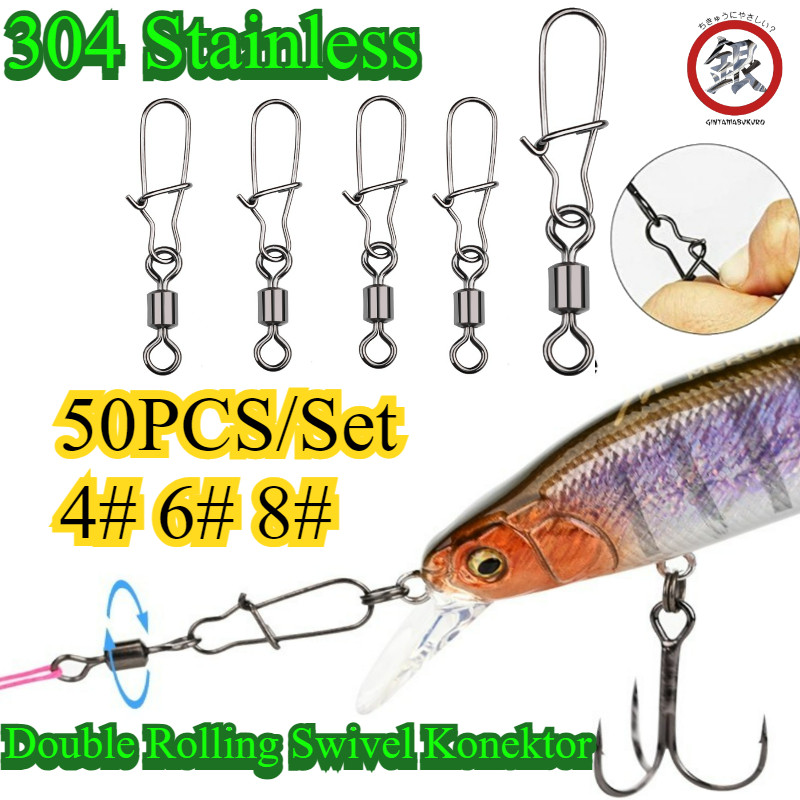 50PCS/Set 4# 6# 8# Stainless Steel Fishing Gear/ Double Rolling Swivel Konektor / Snap Kilikili Panc