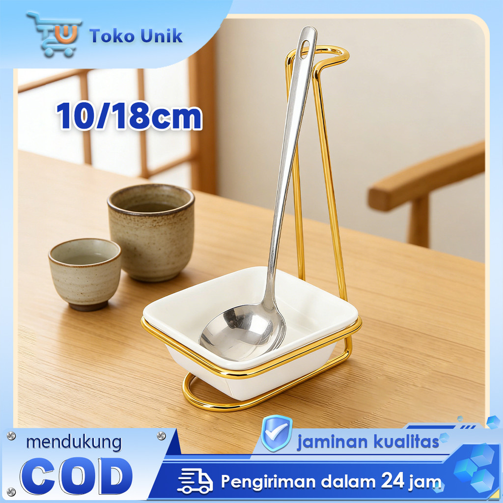 Ladle Soup Holder Stainless Emas Ladle Stand Spoon Holder Sendok Sup Berdiri Dengan Mangkuk Keramik