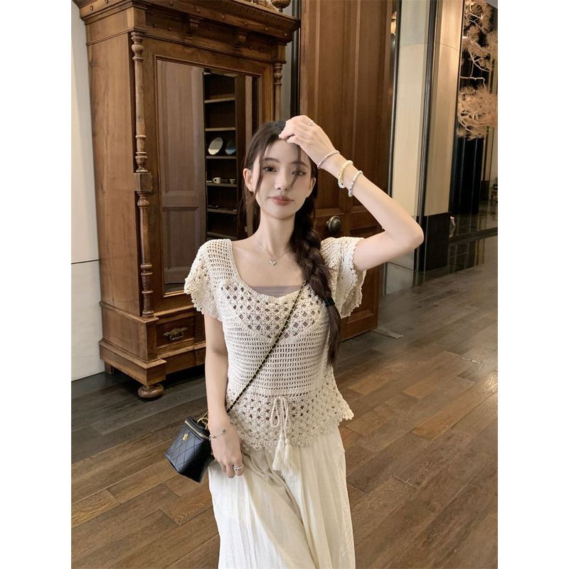 Setelan Wanita 2in1 Boho Musim Panas Desain Unik Manis Outer Rajut Bunga Camisole Dalam Lengan Panja