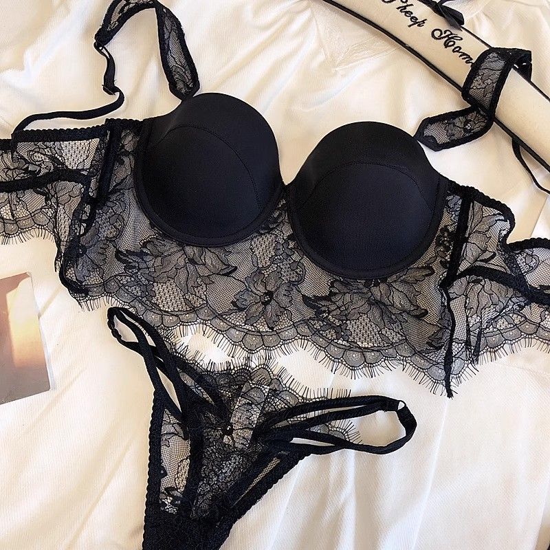 LadyAllure COD Set Bra Wanita Hitam Renda Bordir Gaya Perancis Sensual dengan Kawat Lunak, Pengangka