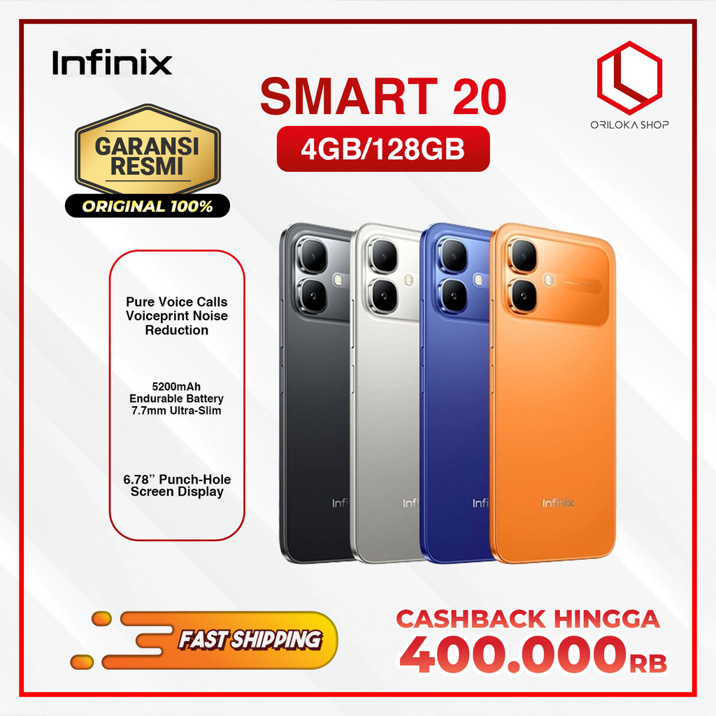 Infinix Smart 20 4/128GB - Up to 8GB Extended RAM - Garansi Resmi - Baterai Besar 5200 mAh - IP64