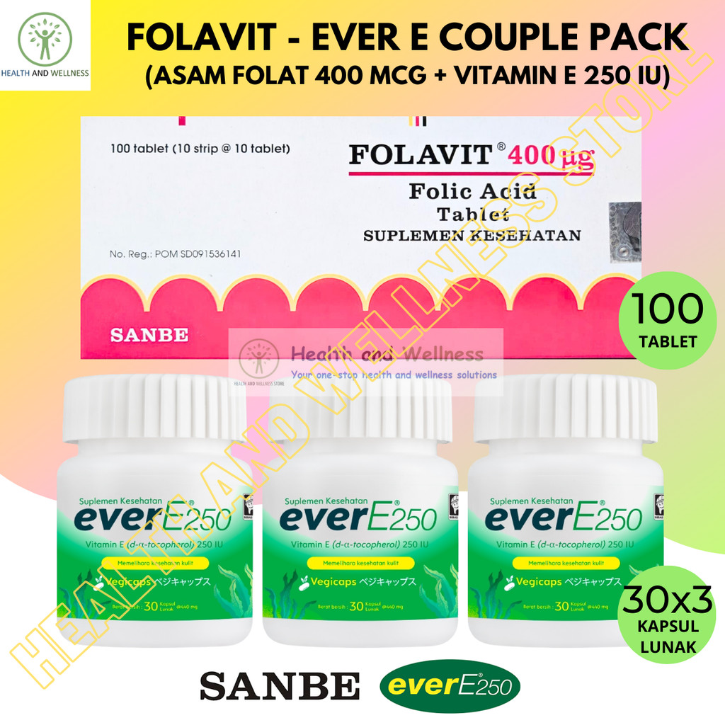 Folavit 400 Mcg Asam Folat 100 Tablet dan Ever E 90 Kapsul Lunak Vitamin E 250 IU