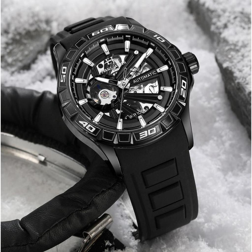 Evans Jayden Jam Tangan Pria 9565 Rubber Automatic Movement Stainless Steel Kaca Sapphire Chronograp