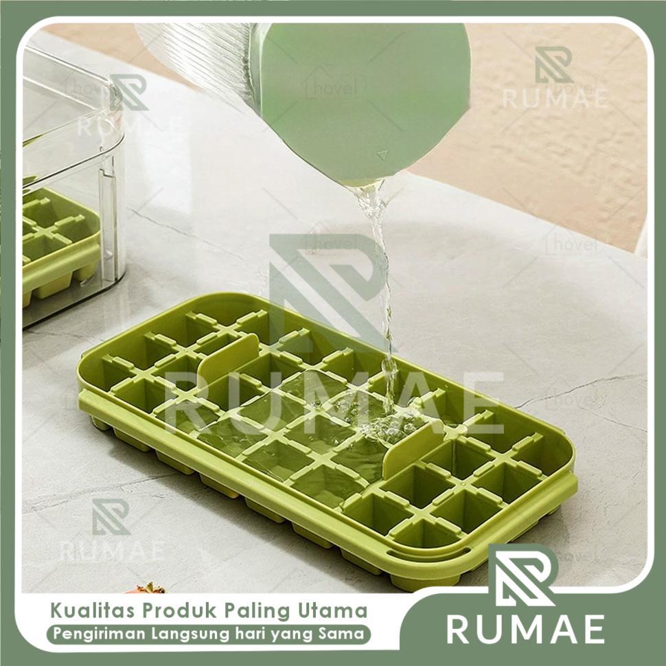 RUMAE Cetakan Es Batu Silikon Push Box Ice Cube Tray Dengan Wadah Container Transparan Untuk Freezer