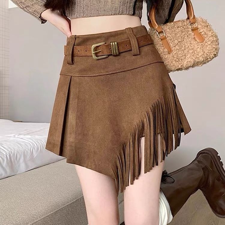 Rok rumbai bergaya vintage dengan ikat pinggang untuk wanita, desain berpinggang tinggi yang tidak b