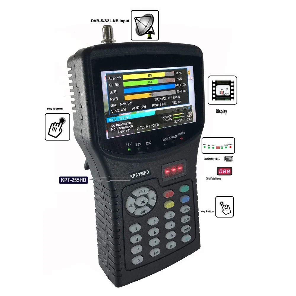 KPT-255HD DVB-S2+HEVC H2.65 MPEG-4 gital Satellite TV Receiver Finder Meter