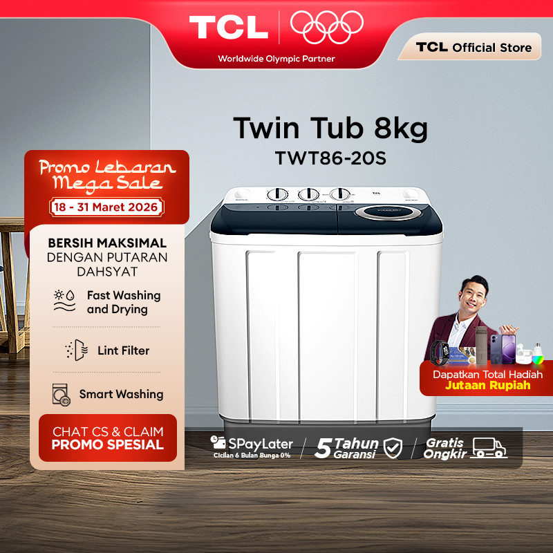 TCL Mesin Cuci 2 Tabung - Twintub 8KG - Lint Filter - Anti Karat - Anti Tikus (Model: TWT86-20S)