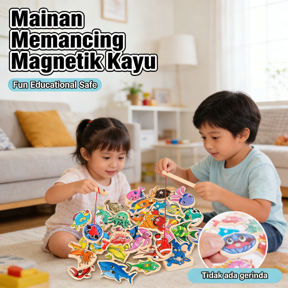Mainan Anak Pendidikan Kayu 30 Buah Ikan Kartun Magnetik Memancing