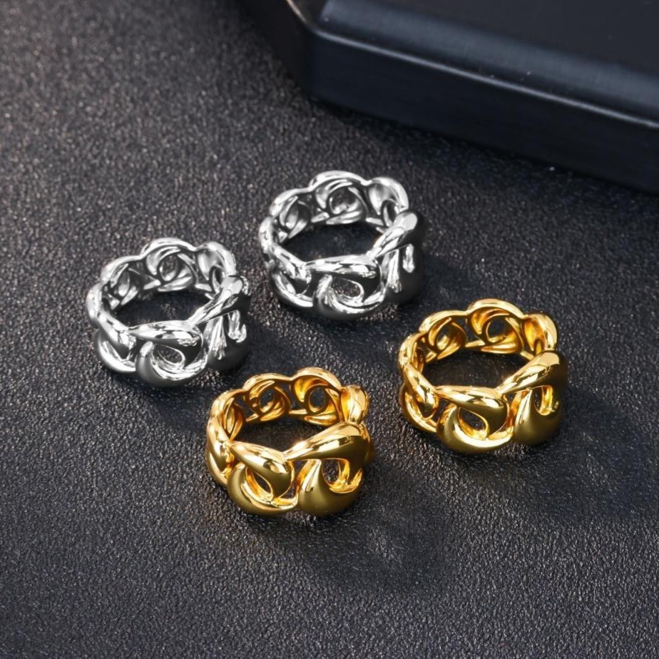 Cincin desain rantai geometris berongga Cincin angin logam berlapis emas 18k untuk pria dan wanita