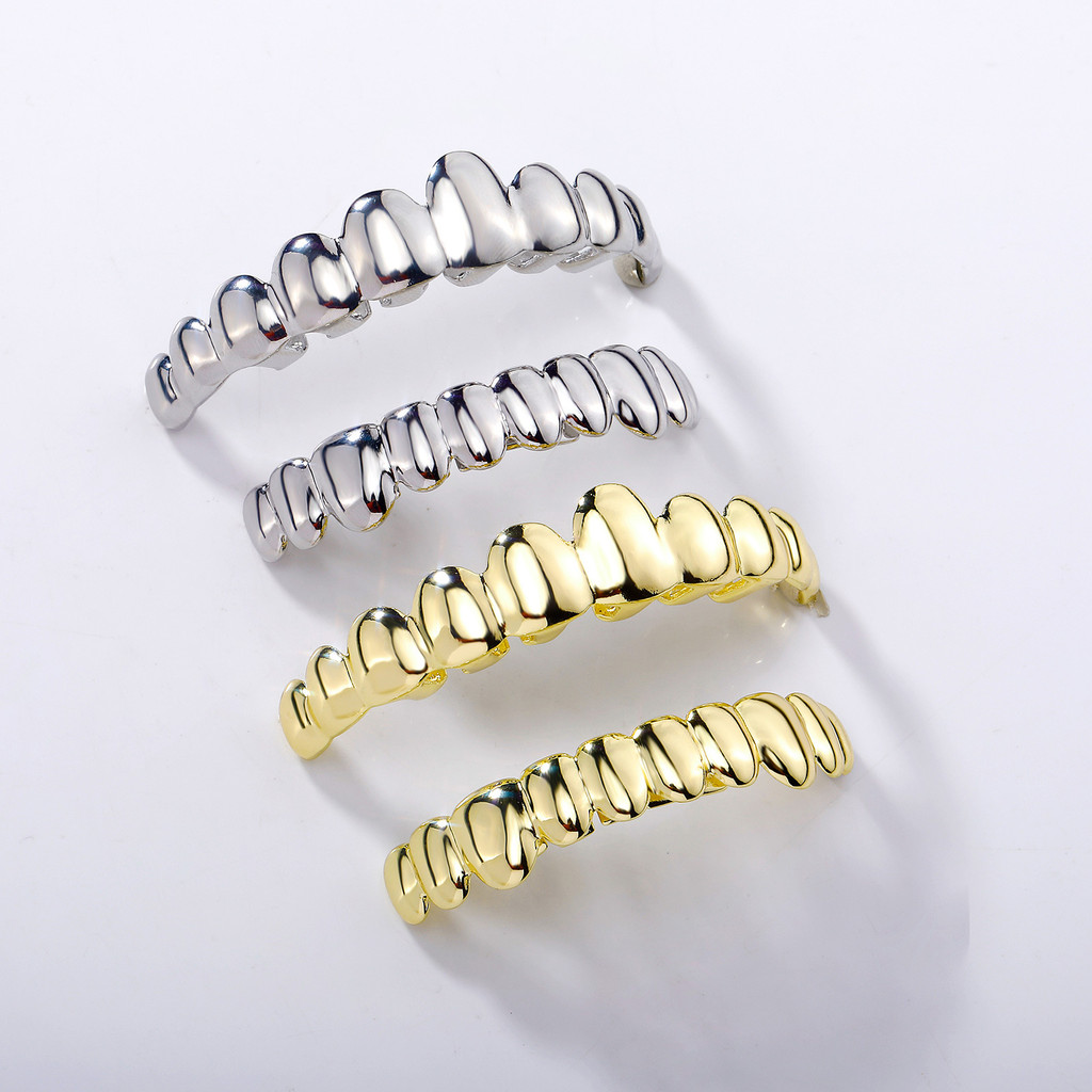 Kawat gigi hip-hop sepuluh gigi, permukaan halus emas asli berlapis tembaga rap lucu gigi atas dan b