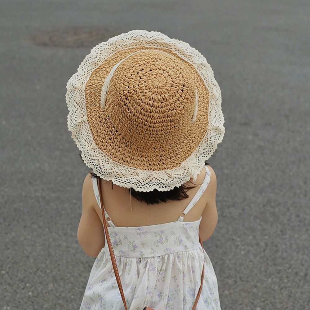 Lace Up ildren Straw Sun Hat Shang Hat Anti-UV Sun Hat Cartoon Sunshade Hat Fisherman Cap Foldable i