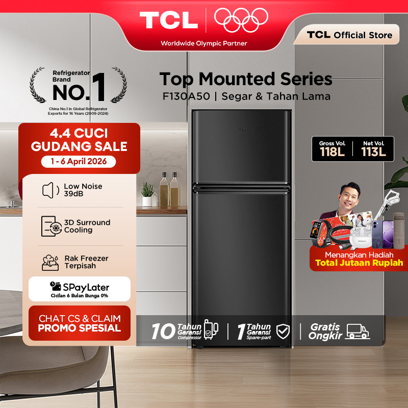 TCL Kulkas 2 Pintu (F130-A50) - Kapasitas 118L - Rak Freezer Terpisah - 3D Surround Cooling - Adjust