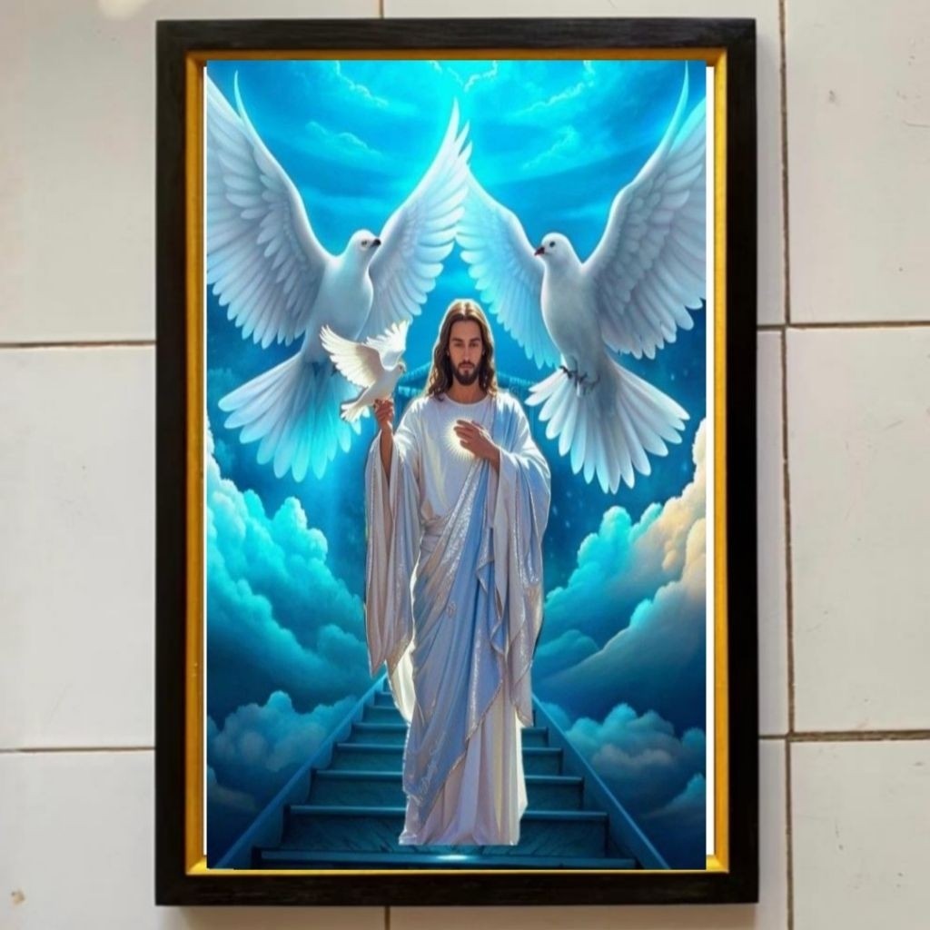 Hiasan dinding lukisan Cetak gambar Tuhan Yesus plus bingkai ukuran 65cmx45cm