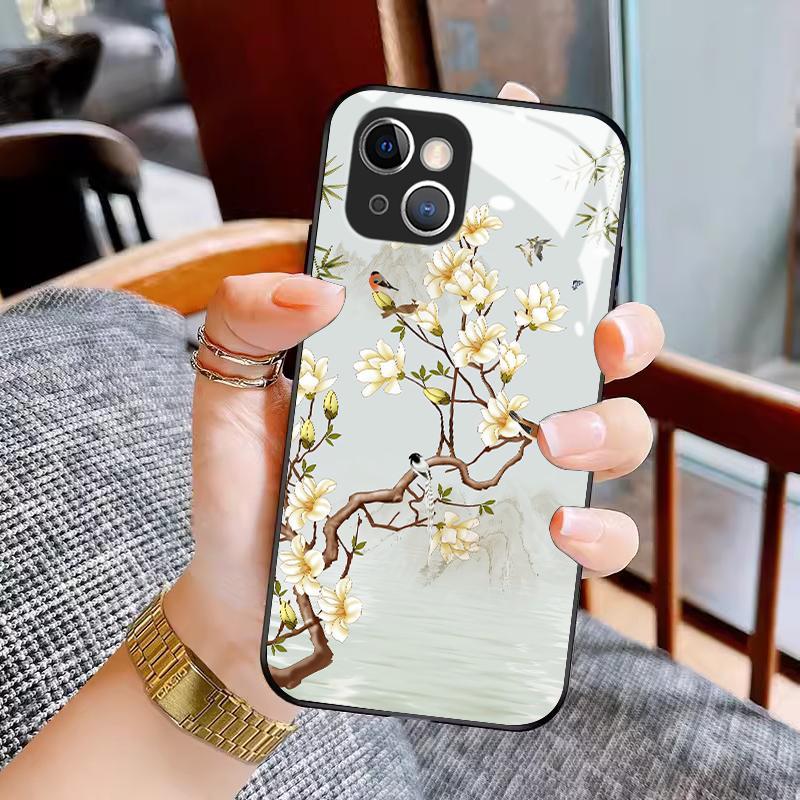 Hard Case Glass Kaca For Iphone 13 11 Pro Max 12 Mini 14 Plus 15 Silikon Floral Bunga Cover