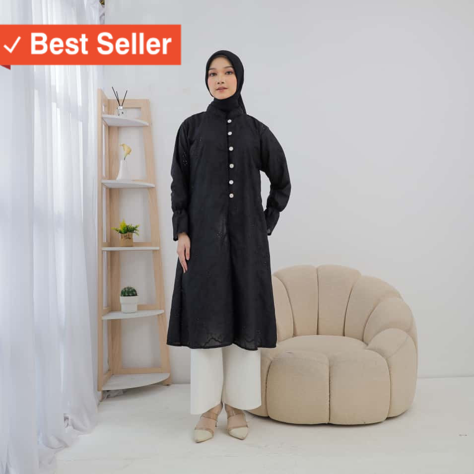 Long Tunik Katun Bordir Bolong ( Katbol ) Wanita Bw Dan Hitam Only Kancing Depan Terbaru  Kekinian /