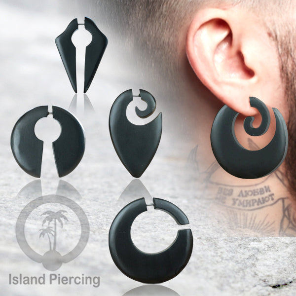 Fake wood piercing, Tindik palsu, Model Kayu Sono warna hitam Sistem Push, untuk semua lubang teling