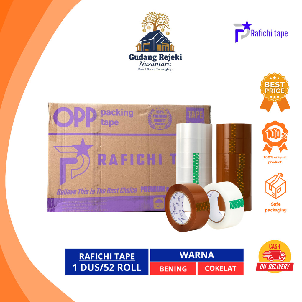 Rafichi Lakban Packing 1 Karton isi 54 Roll/Pcs Ukuran 45mm x 200yard Warna Bening Dan Coklat Tebal 