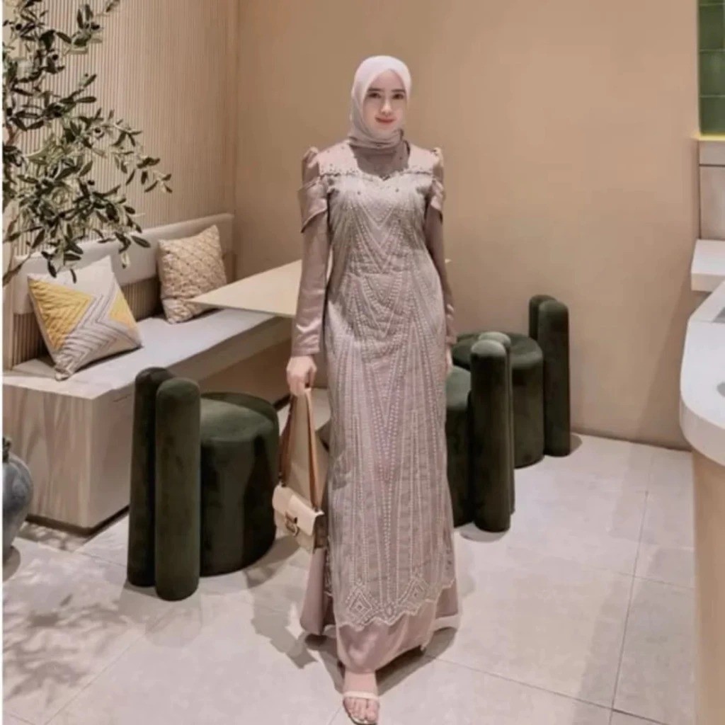 Gamis Brokat Terbaru Mewah Leona Dres BC Velvet Mix Brukat Plus Payet M L XL XXL 3XL Dress Muslimah 