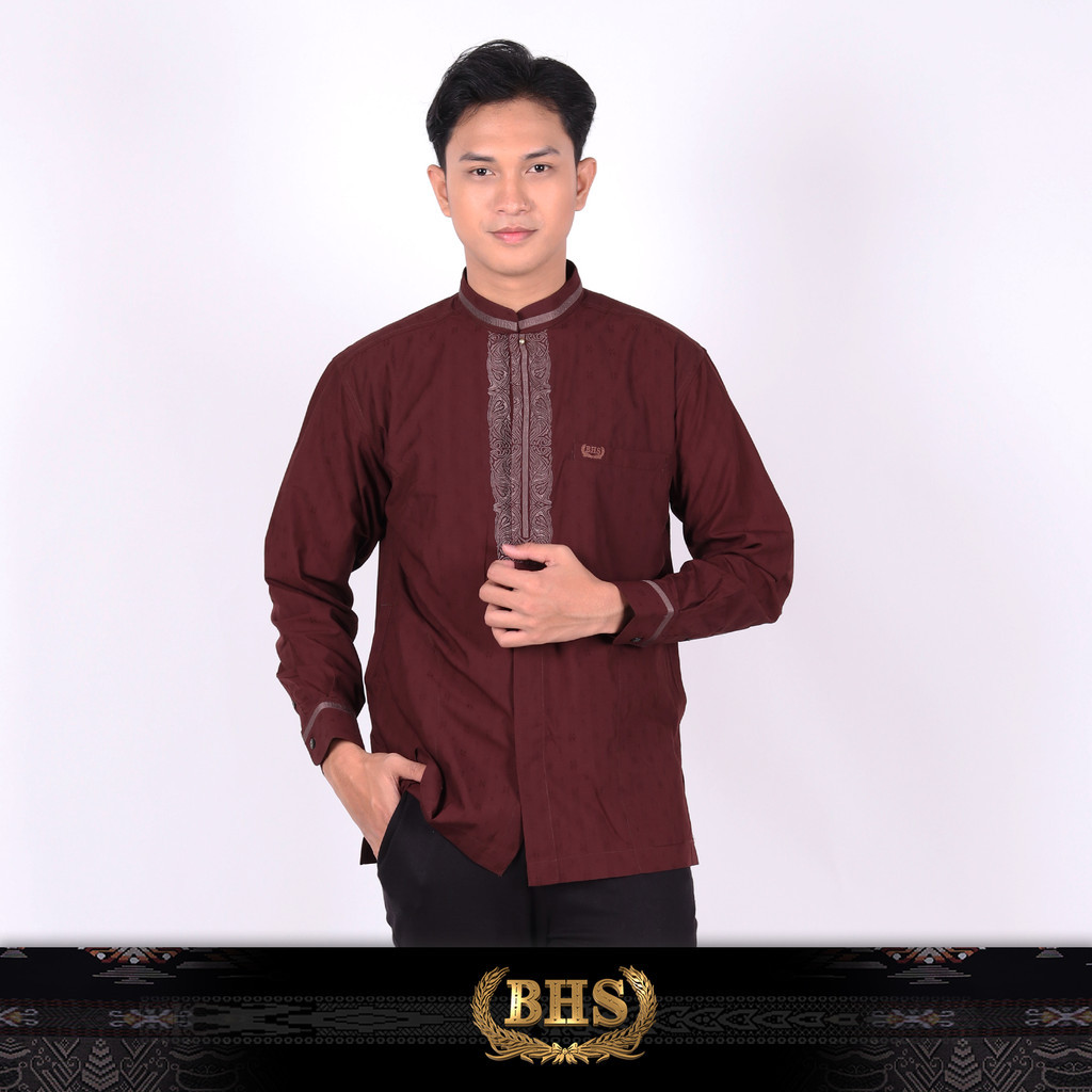 Baju Koko BHS Classic Motif Hamzah Coklat Tua Baju Muslim BHS