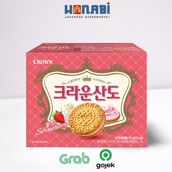 Crown Sando Strawberry Cream Biscuit 161g - Biskuit Sandwich Klasik dengan Krim Stroberi Lembut Made