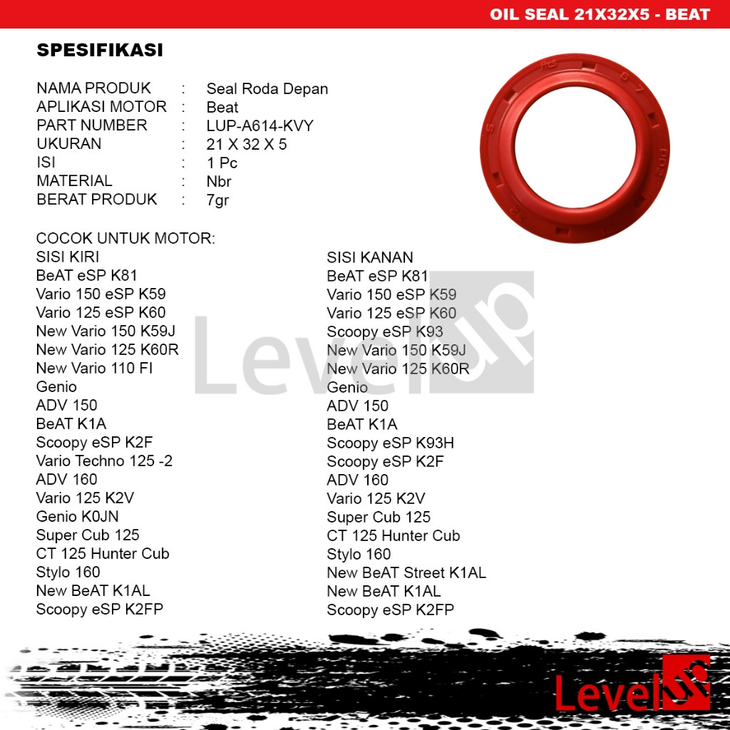 Grosir min.10 Level Up Oil seal 21x32x5 seal roda depan Beat Vario Scoopy seal debu roda depan