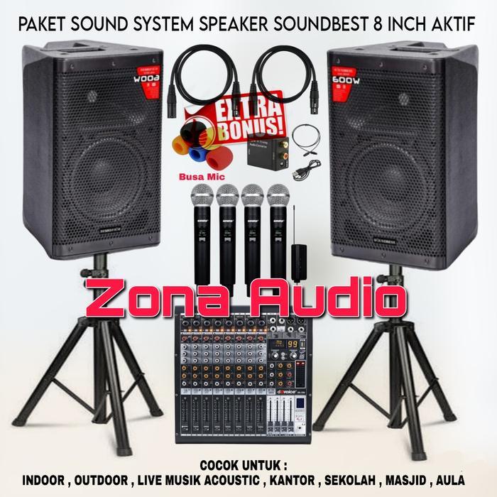 PAKET SOUND SYSTEM INDOOR KARAOKE LIVE MUSIK SPEAKER SOUNDBEST 8 INCH MIXER 10 CHANNEL 4 MIC WIRELES