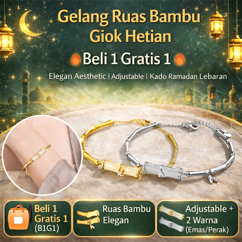 Gelang Giok Hetian Asli Model Bambu Bamboo  Lapis Emas 24K Simbol Rezeki Lancar  Mewah untuk Lebaran