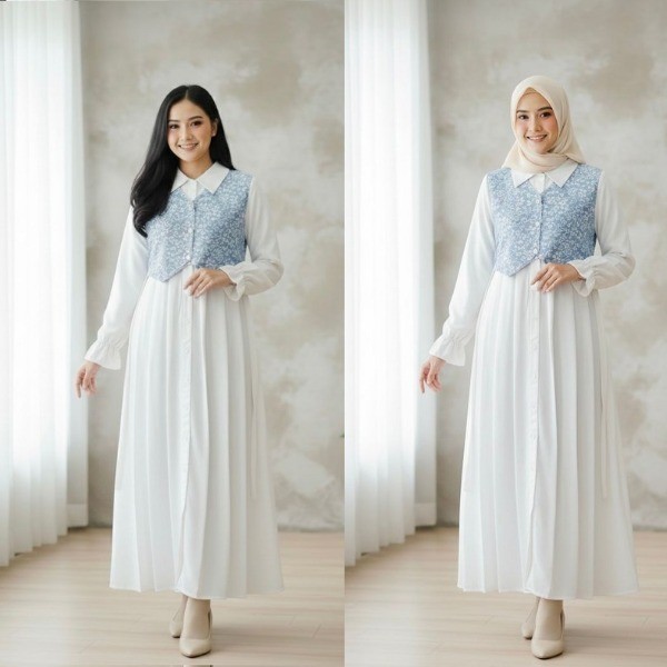 SETRAMALL    Gamis Korean Style / Dress Lebaran Elegan / Outer Vest Jaguard Embos Bunga / Gamis Puti