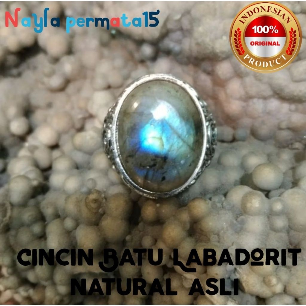Cincin natural batu Labrador kerlap kerlip cantik Ring Alpaka super mewah
