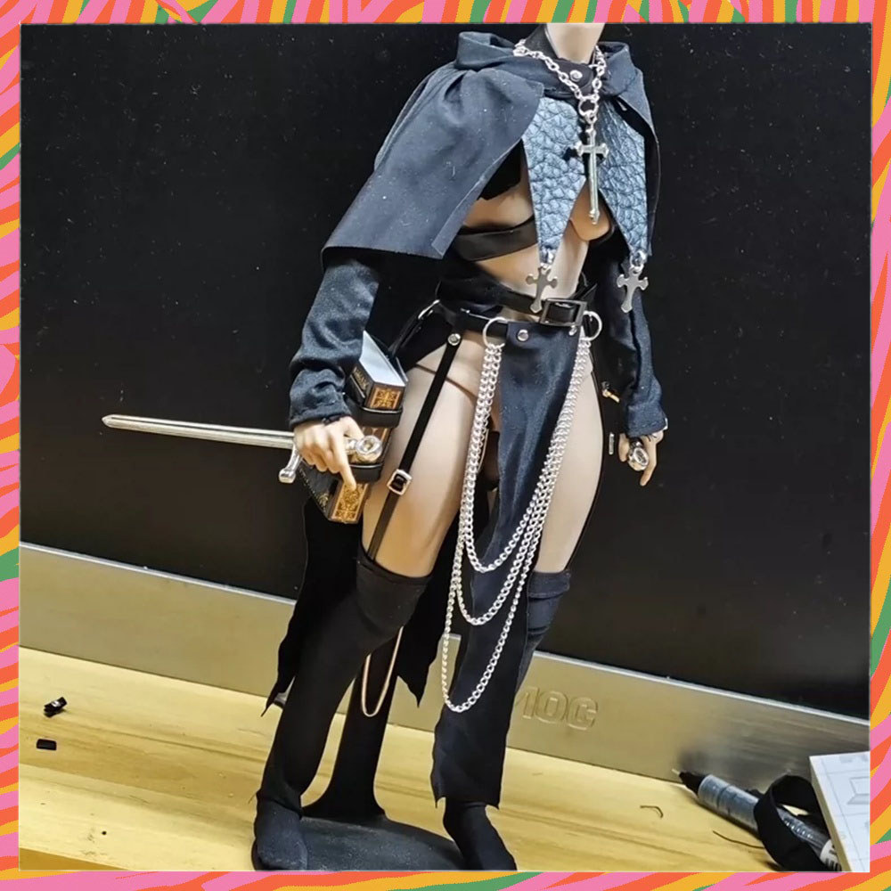 1/6 Scale Female Soler Cloak Top Half Skirt With Knife Black Clothes Set Fit 12" Action Figure Body 