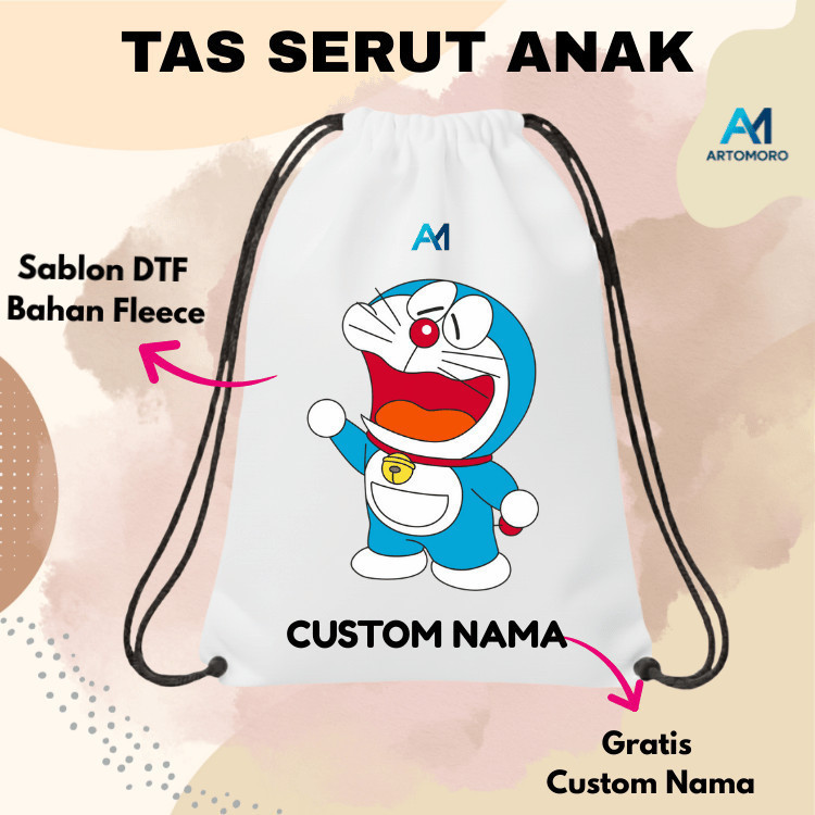 Tas Serut Anak doraemon Krakter Custom Nama – Tas Traveling ,Sekolah , mengaji Free Custom Nama