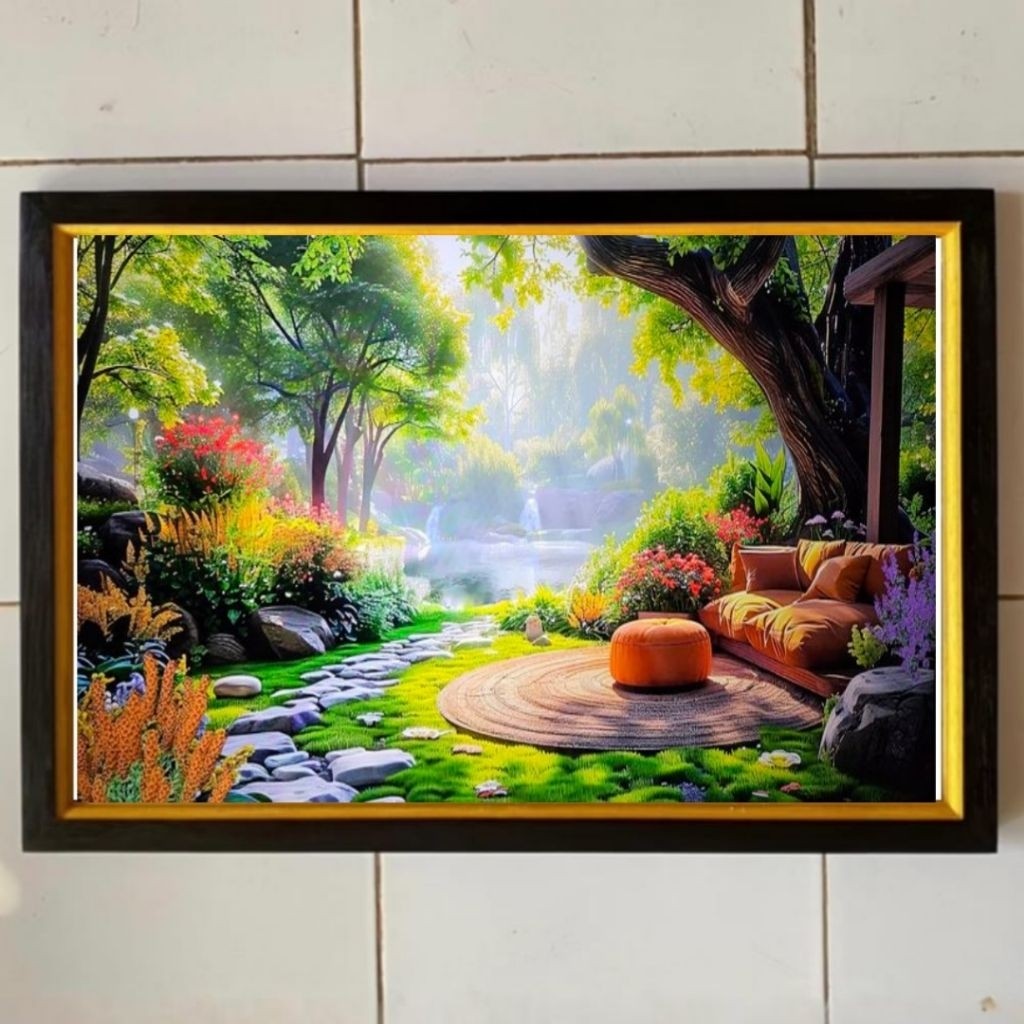 Hiasan dinding lukisan Cetak gambar taman bunga plus bingkai ukuran 95cmx50cm