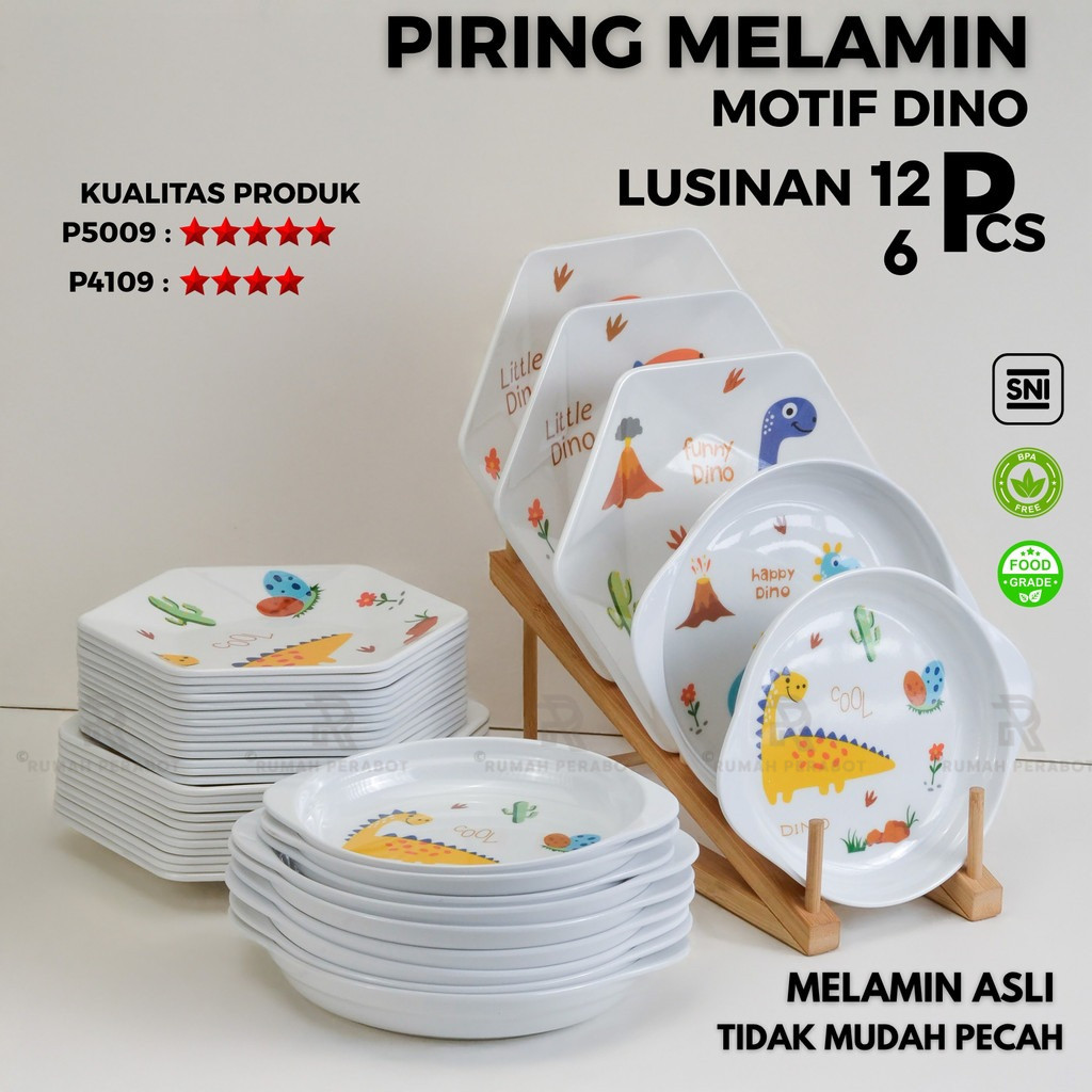 Piring Anak Melamin Motif Dinosaurus 6/12 pcs Hexagonal | Piring Melamin Tahan Panas Motif Tidak Pud