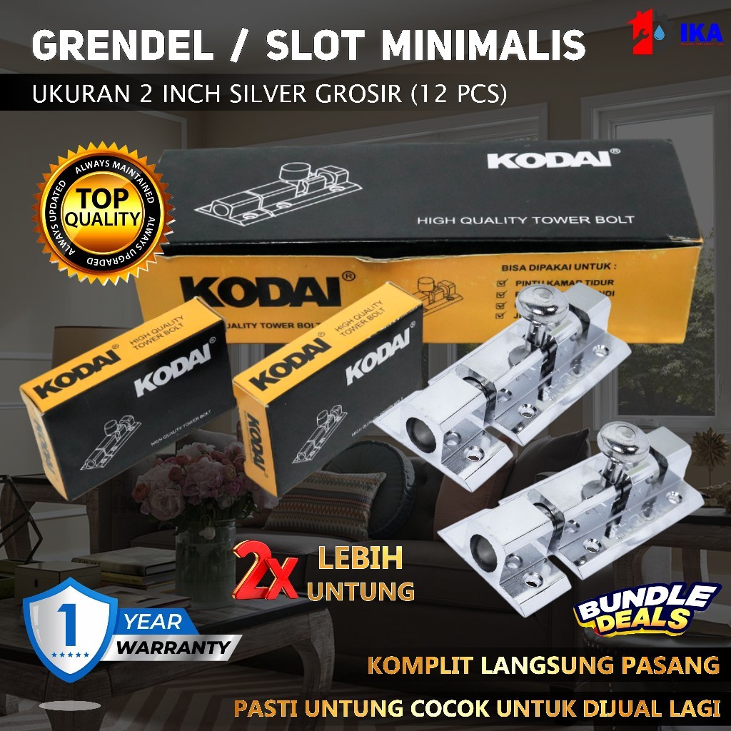 CAMZONE - (12 pcs) GROSIR Grendel 2" Slot Silver MinimaliS Gembok Pengunci Pintu Rumah Kuat Anti Kar