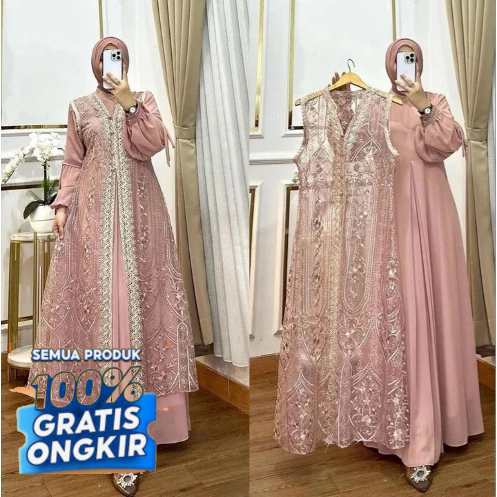 Gamis Brokat Naura Dress 2in1 Busui Wudhu Friendly Inner Ceruty Adem + Outer Brokat Premium Elleova-