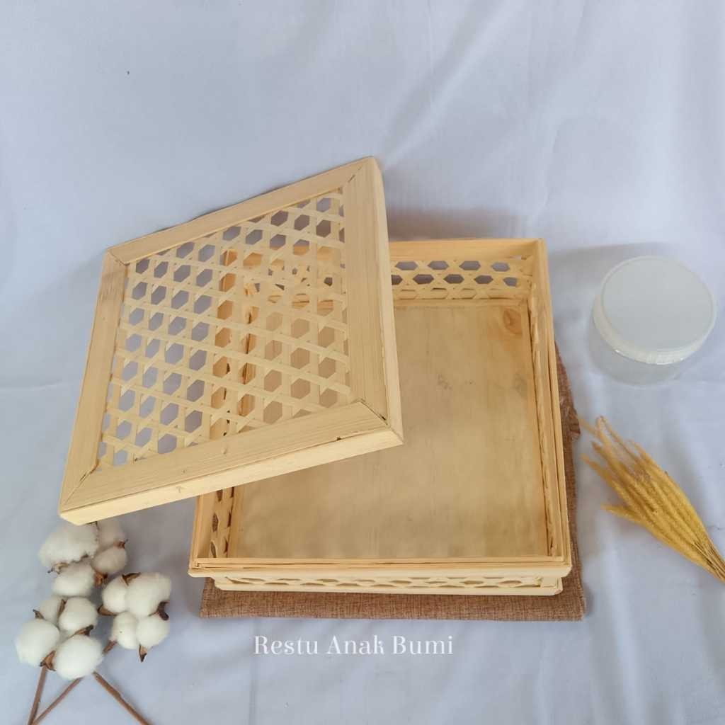 box hampers wadah parsel  Motif Hexsagonal Besar 25x25cm rantang bambu | tanpa hendel | pita pojok |