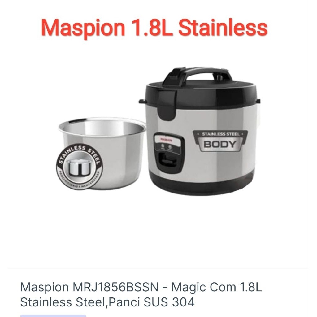 Maspion MRJ1856 BSSN/ BRSN Rice Cooker Stainless Steel Kapasitas 1.8L