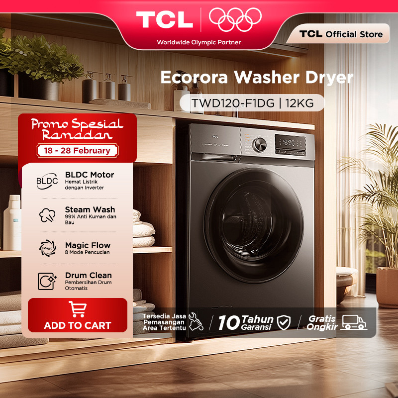 PROMO RAMADHAN TCL Mesin Cuci Front Loading Washer Dryer 12kg C1 Series - 100% Kering - Steam Wash -