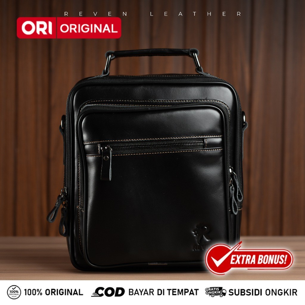 Reven Leather Bonature Bag - Tas Selempang Bahu Pria  Kulit sapi Asli Free Random Gift