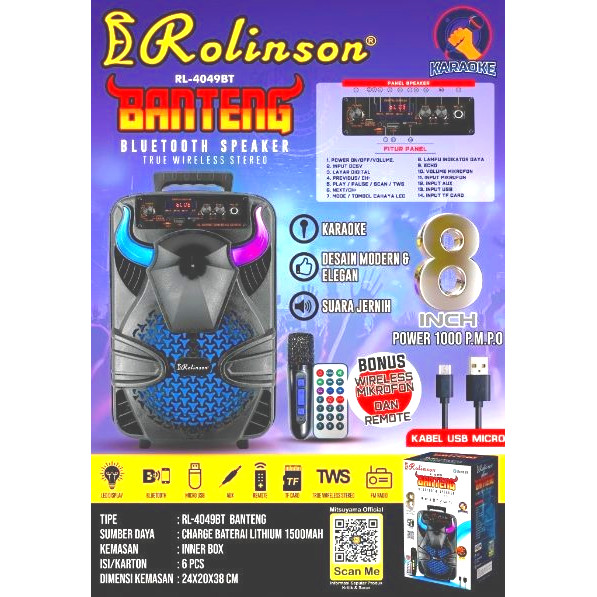 SPEAKER BLUETOOTH WOOFER TWS ROLINSON BANTENG RL4049BT RL 4049 BT SPEAKER AKTIF NGEBASS BASS 8IN 8 I