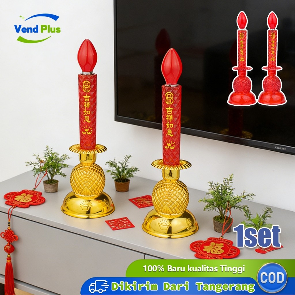 1Pasang Lilin LED Elektronik Lampu Fu Cai Panjang Bentuk Nanas Lilin Elektrik Altar Sembahyang